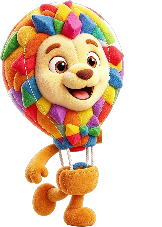 Leleco, o mascote da Recrear & Sonhar, acenando: um leãozinho de pelúcia com juba de balão de ar quente colorido